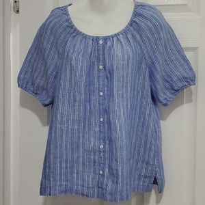 EUC TALBOTS LINEN BLUE STRIPED PHEASANT MEDIUM PETITE TOP